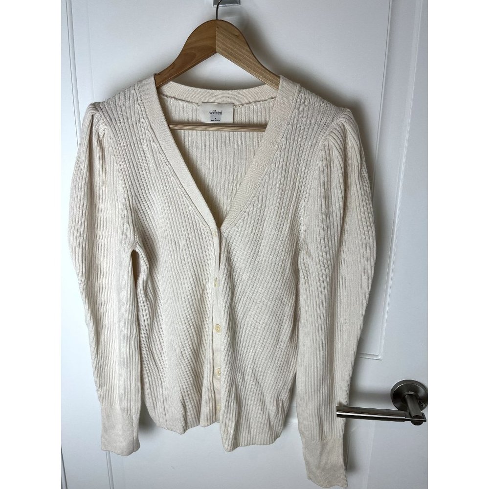 Wilfred Aritzia Ribbed Puff Sleeve Sweater Wool Cardigan Ivory Cream Sz Medium M